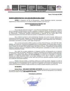 UGEL Cusco declara CONFORME la Adaptación del Plan de Recuperación de la Institución Educativa de Gestión Privada: SAN FRANCISCO DE ASÍS.